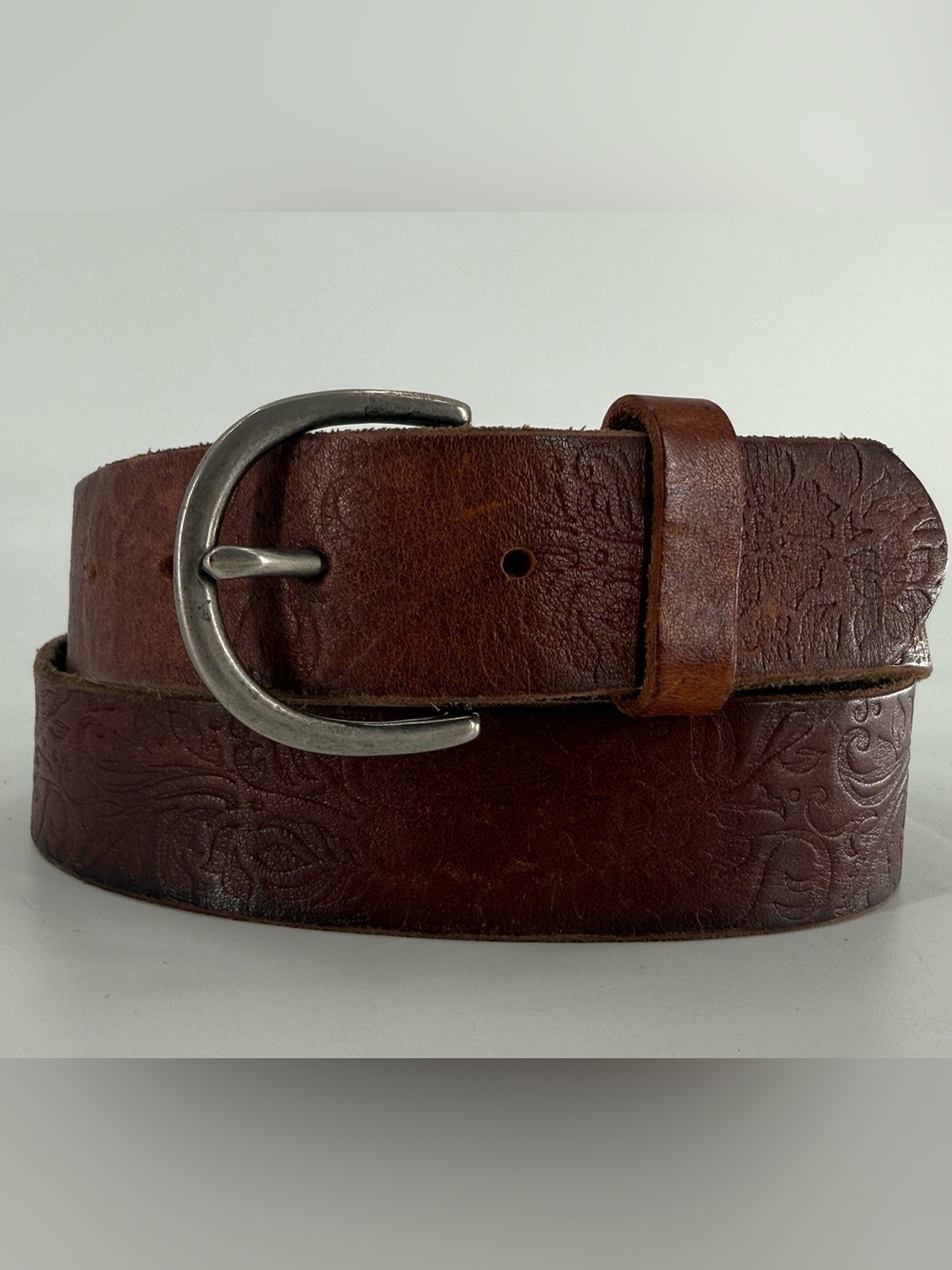 American Eagle Vintage Tooled Boho Bohemian Floral Brown Leather Belt M/L